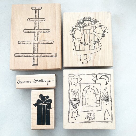 Scrapbooking Wooden Rubber Stamps Seasons Greetings 5 Stamps - Picture 1 of 2
